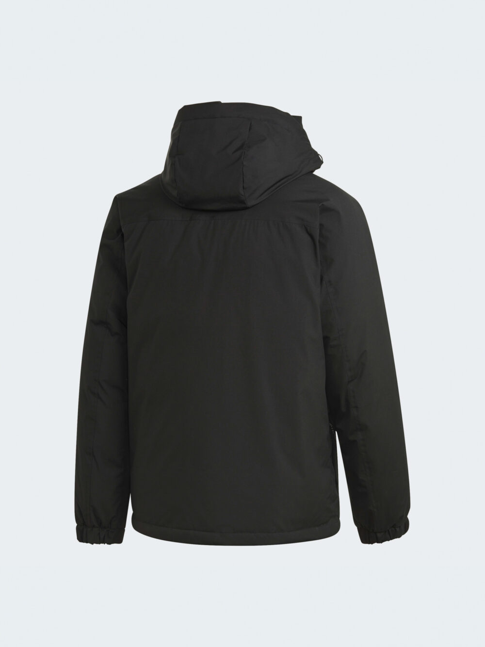 Adidas men's black winter jacket with a hood, featuring insulated design and adjustable straps for a comfortable fit.