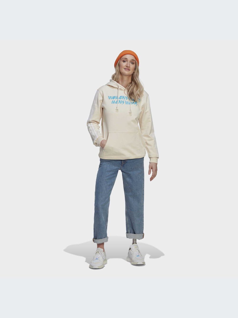 Adidas women's beige hoodie with blue graphic text and white 3-stripes sleeves.