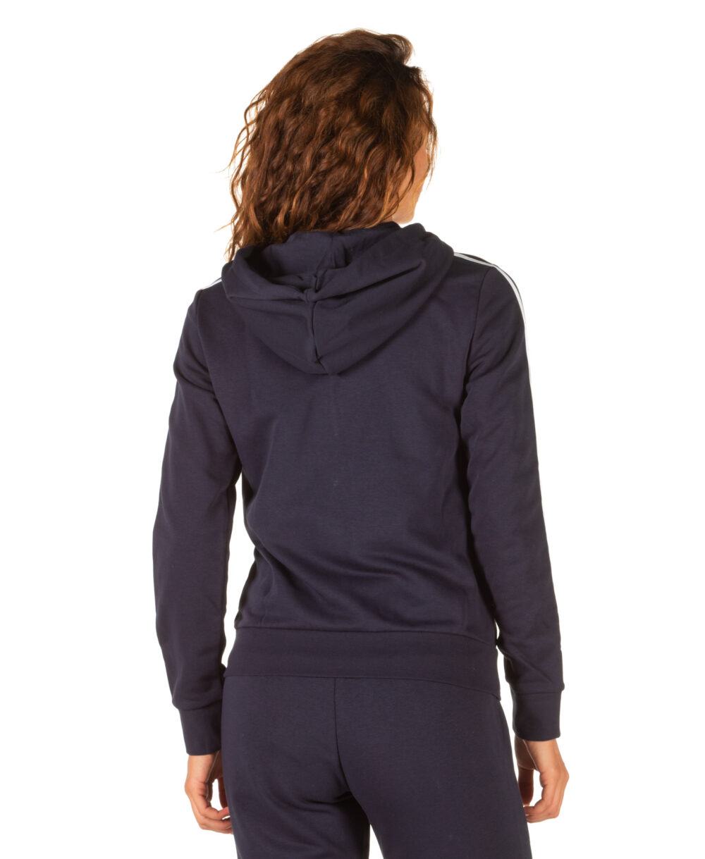 Adidas Women's navy blue full-zip hoodie with 3 white stripes on the sleeves, featuring a casual and sporty look