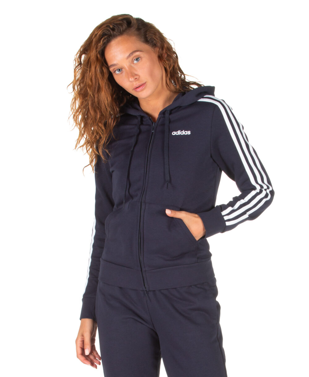 Adidas Women's navy blue full-zip hoodie with 3 white stripes on the sleeves, featuring a casual and sporty look