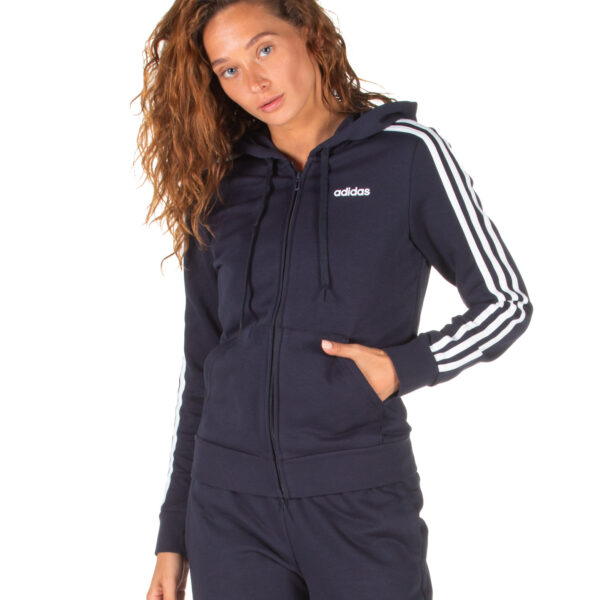 Adidas Women's navy blue full-zip hoodie with 3 white stripes on the sleeves, featuring a casual and sporty look