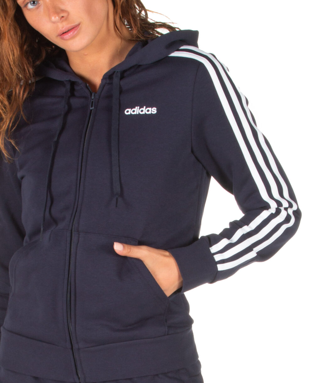 Adidas Women's navy blue full-zip hoodie with 3 white stripes on the sleeves, featuring a casual and sporty look