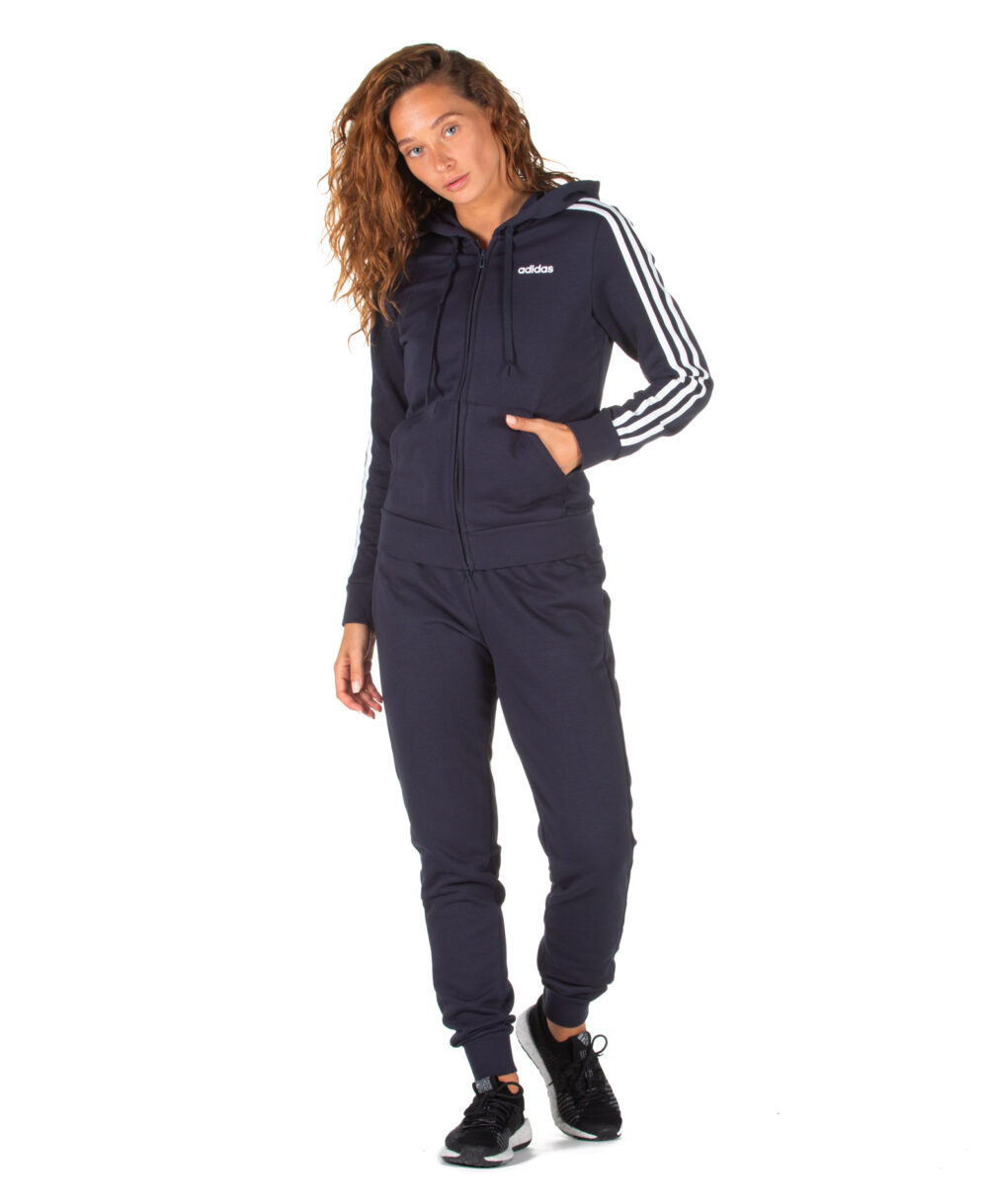 Adidas Women's navy blue full-zip hoodie with 3 white stripes on the sleeves, featuring a casual and sporty look