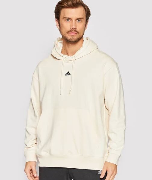 Adidas men's off-white hoodie featuring a minimalist design, drawstring hood, kangaroo pocket, and iconic Adidas logo on the chest for casual comfort.