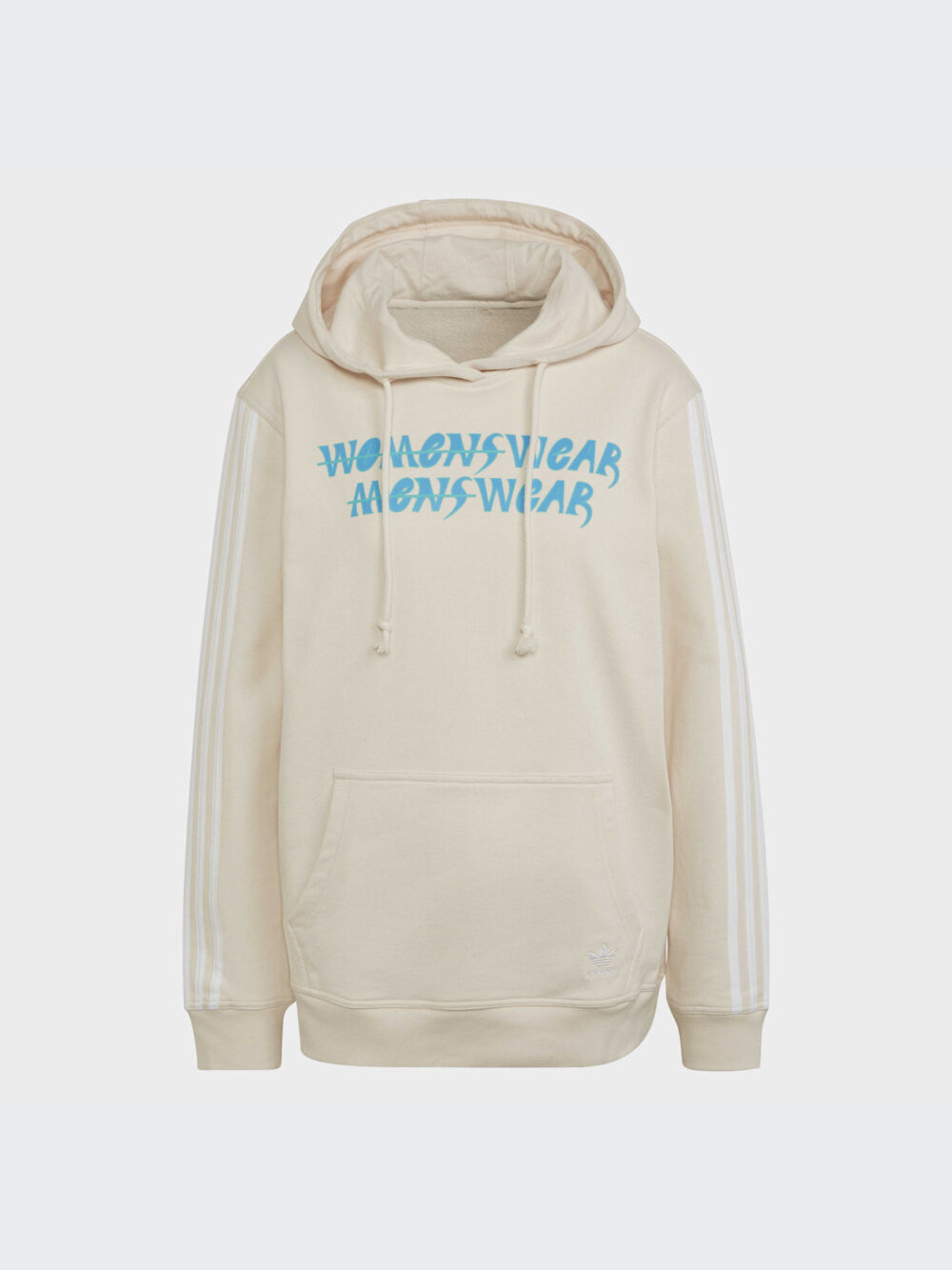 Adidas women's beige hoodie with blue graphic text and white 3-stripes sleeves.