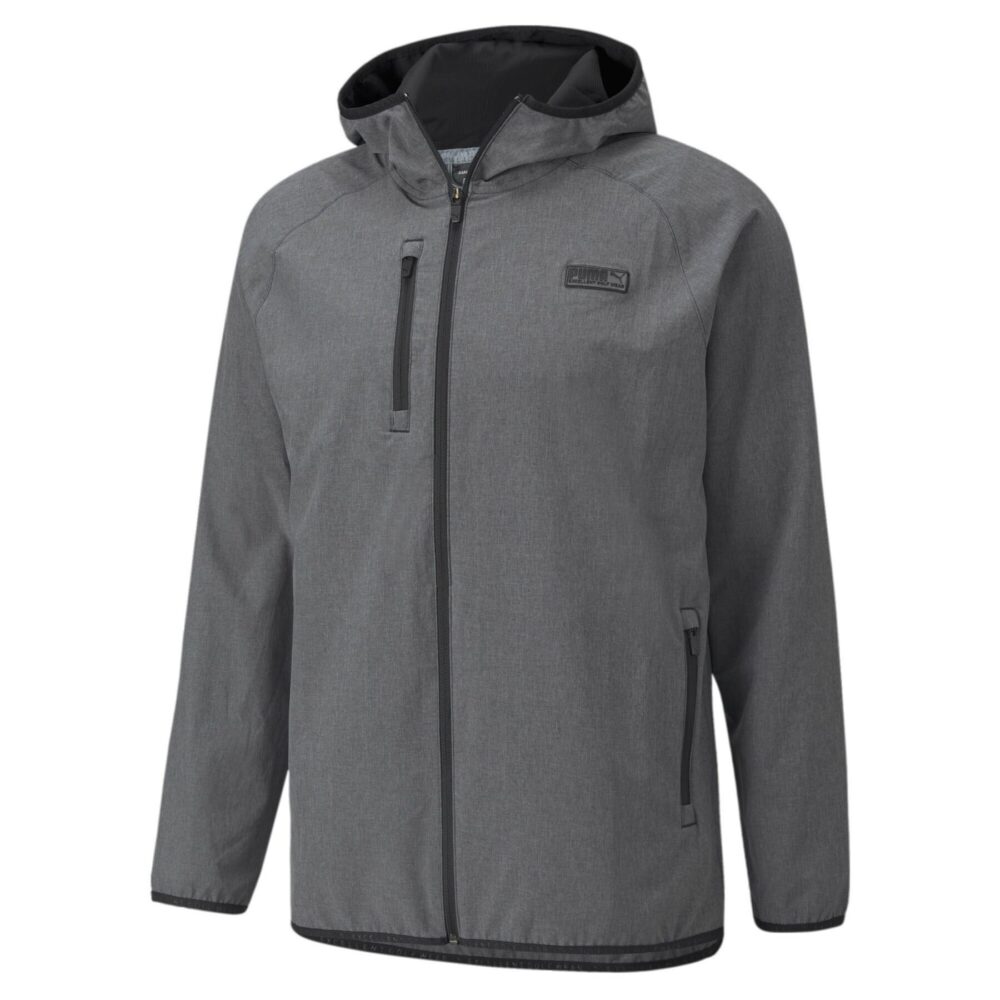 Puma Men's Gray Hooded Lightweight Jacket with front zipper pocket and water-resistant fabric