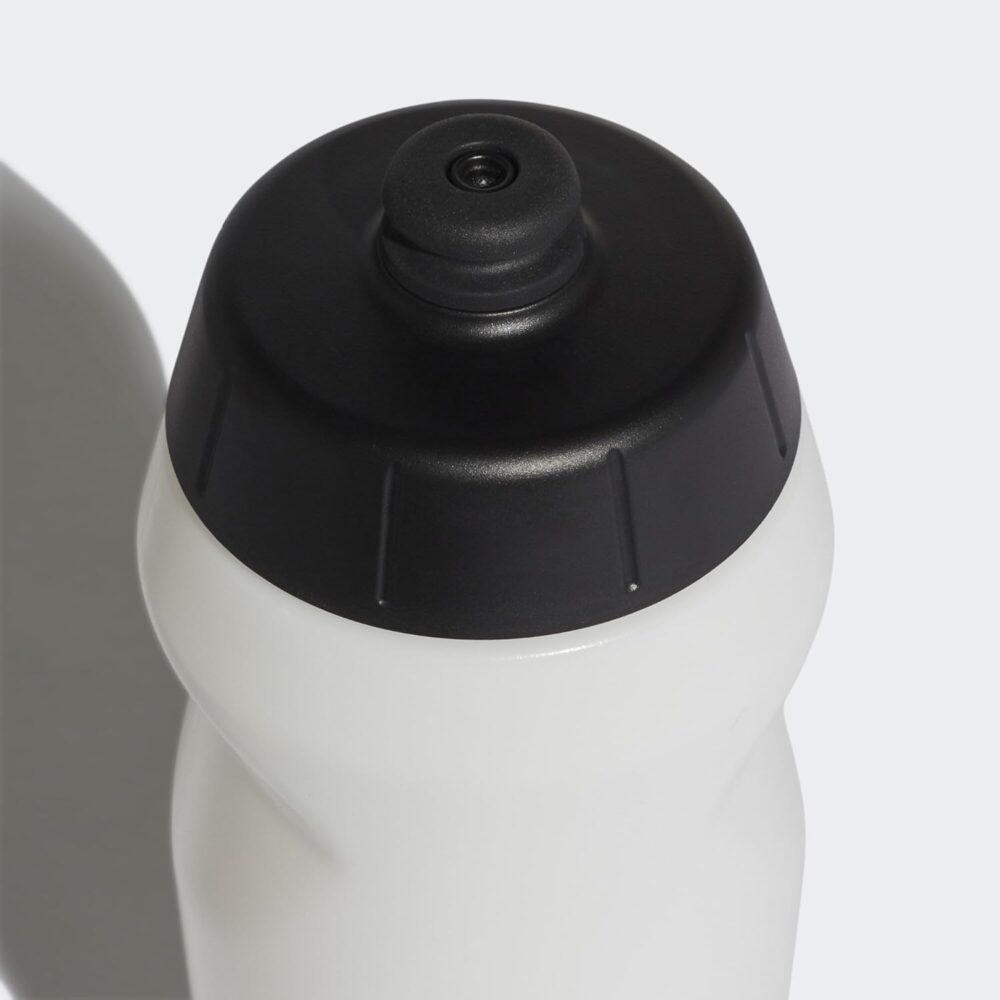 Adidas white sports water bottle with a black screw-on cap and the iconic Adidas logo, designed for athletes and active lifestyles.