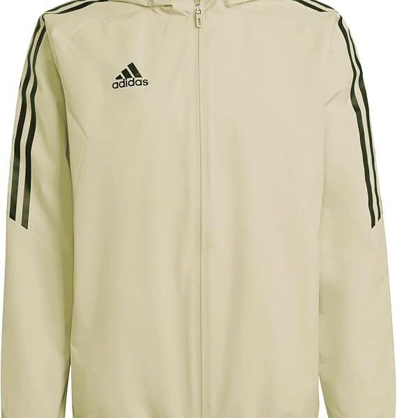 A beige Adidas men’s hooded jacket with black Adidas stripes on the shoulders and a full zip closure.