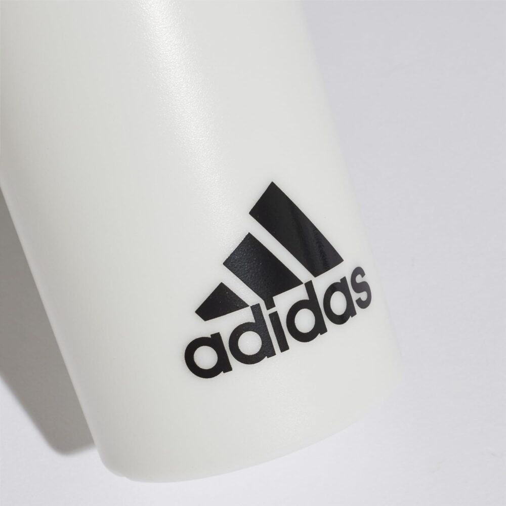 Adidas white sports water bottle with a black screw-on cap and the iconic Adidas logo, designed for athletes and active lifestyles.