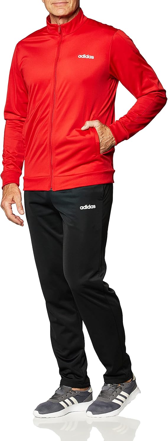 Adidas men’s tracksuit with a red jacket and black pants, featuring a zip-up front and Adidas logo detail.