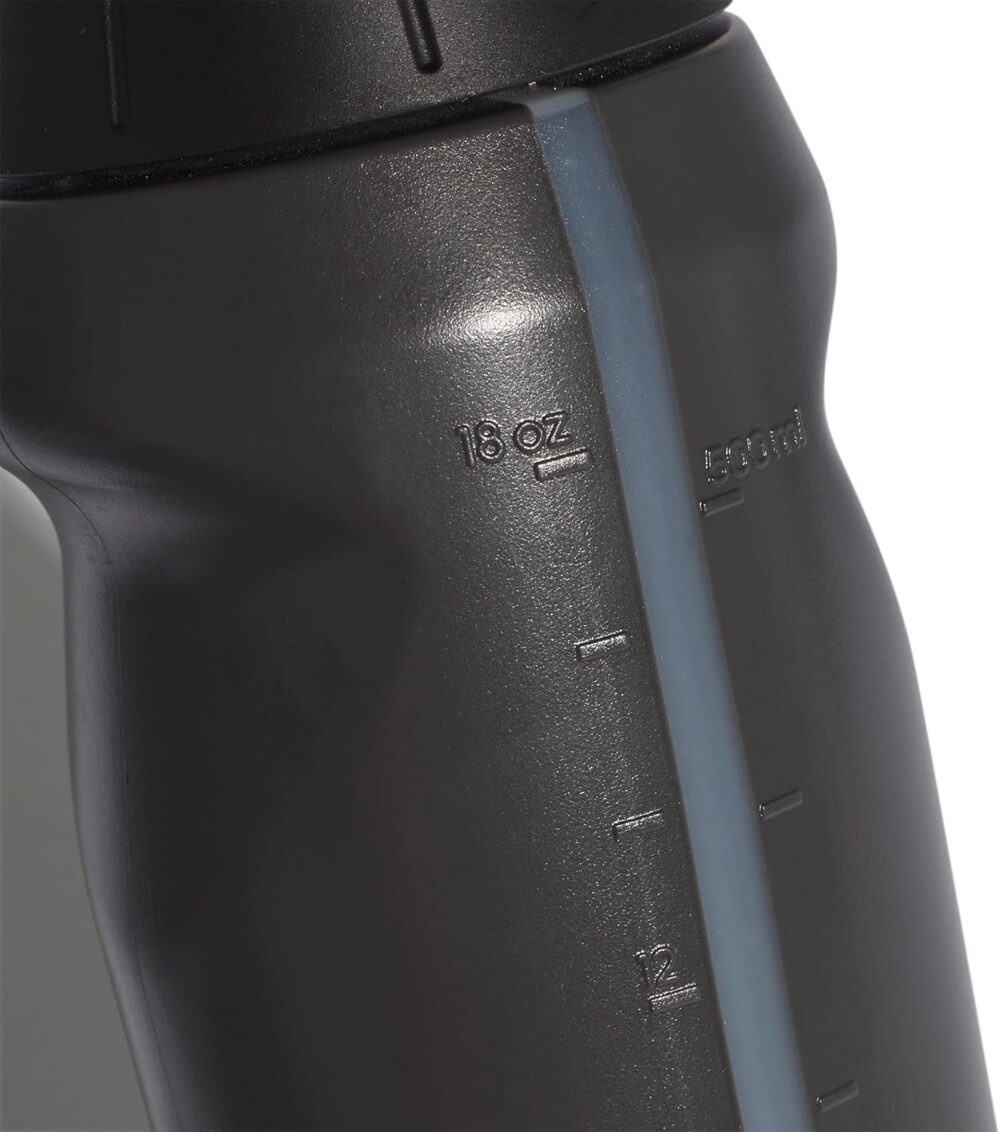 Adidas black sports water bottle with a red pop-up nozzle, featuring the Adidas logo and ergonomic design, ideal for gym or daily hydration.