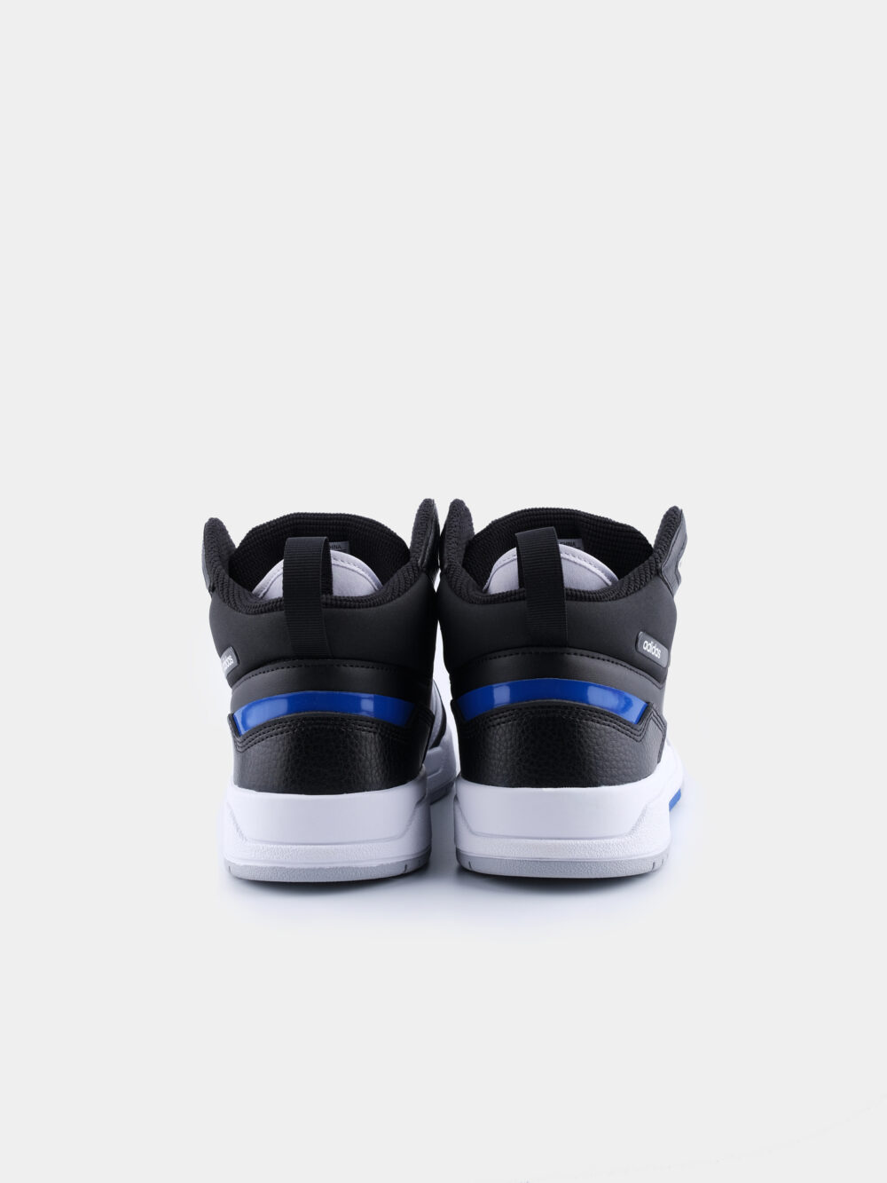 Adidas black and white high-top sneakers with three white stripes, blue accents, and a cushioned sole, perfect for casual streetwear or athletic use.