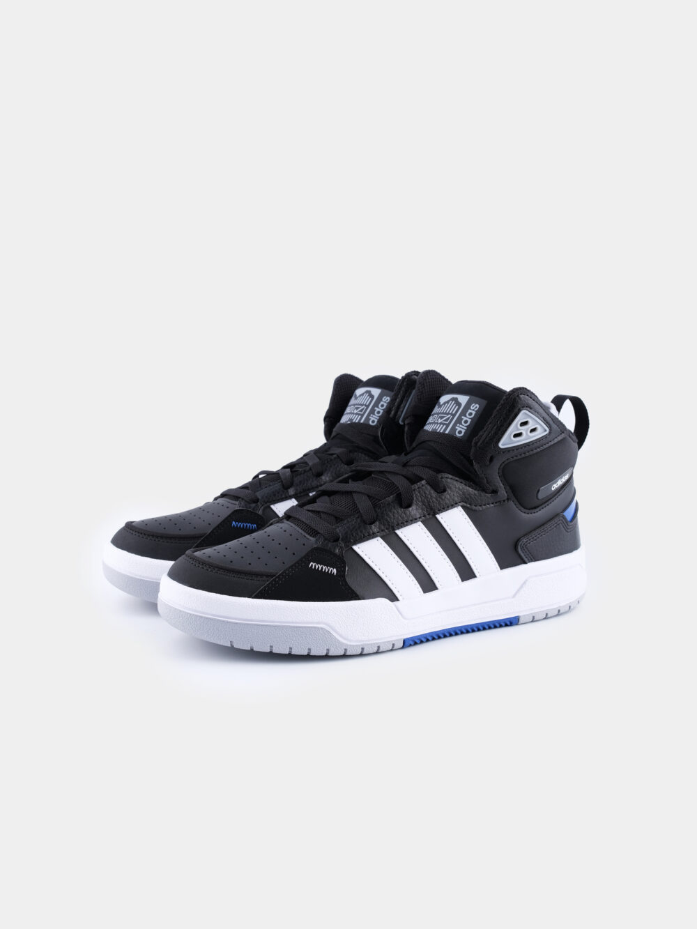 Adidas black and white high-top sneakers with three white stripes, blue accents, and a cushioned sole, perfect for casual streetwear or athletic use.