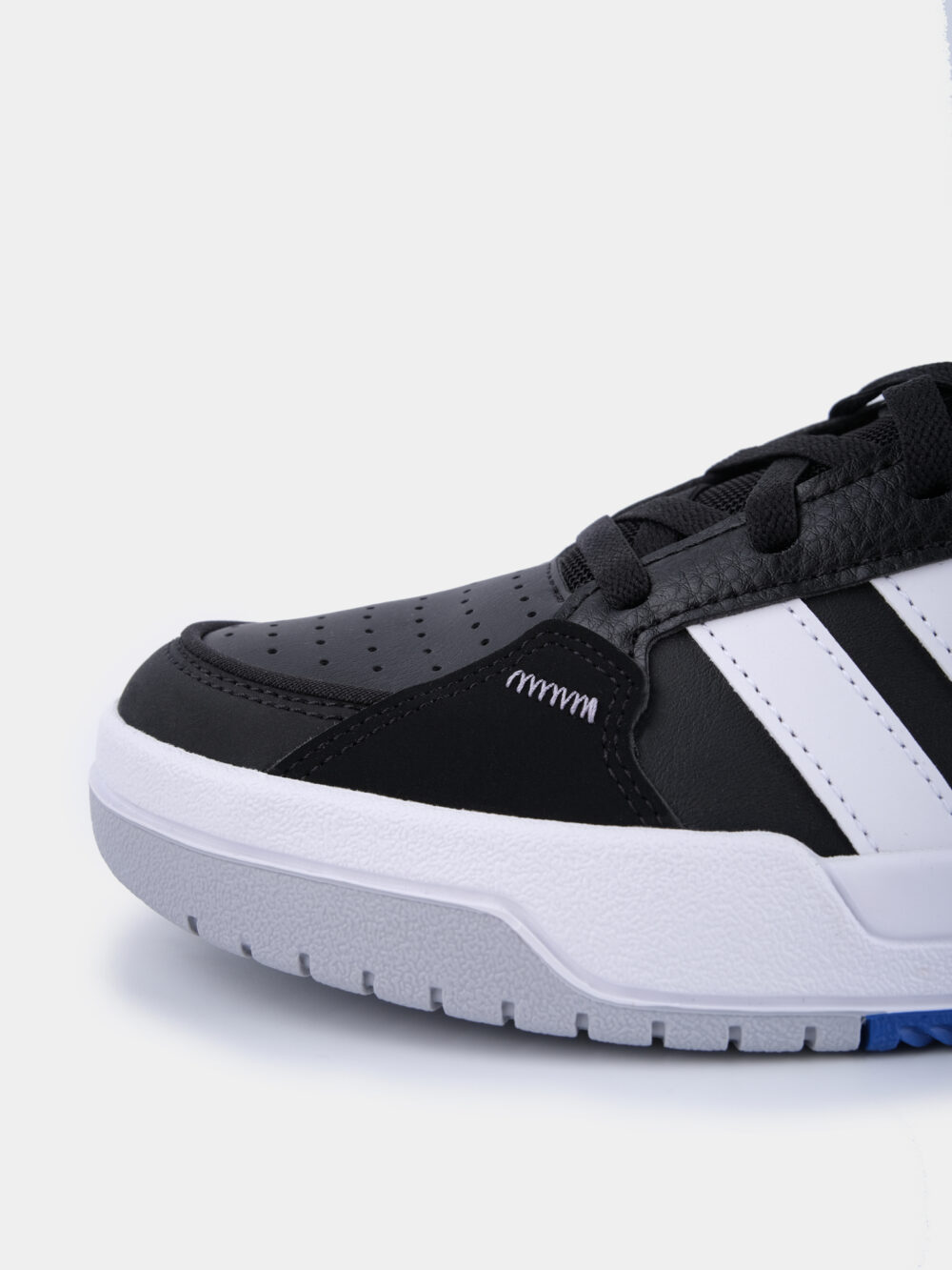 Adidas black and white high-top sneakers with three white stripes, blue accents, and a cushioned sole, perfect for casual streetwear or athletic use.