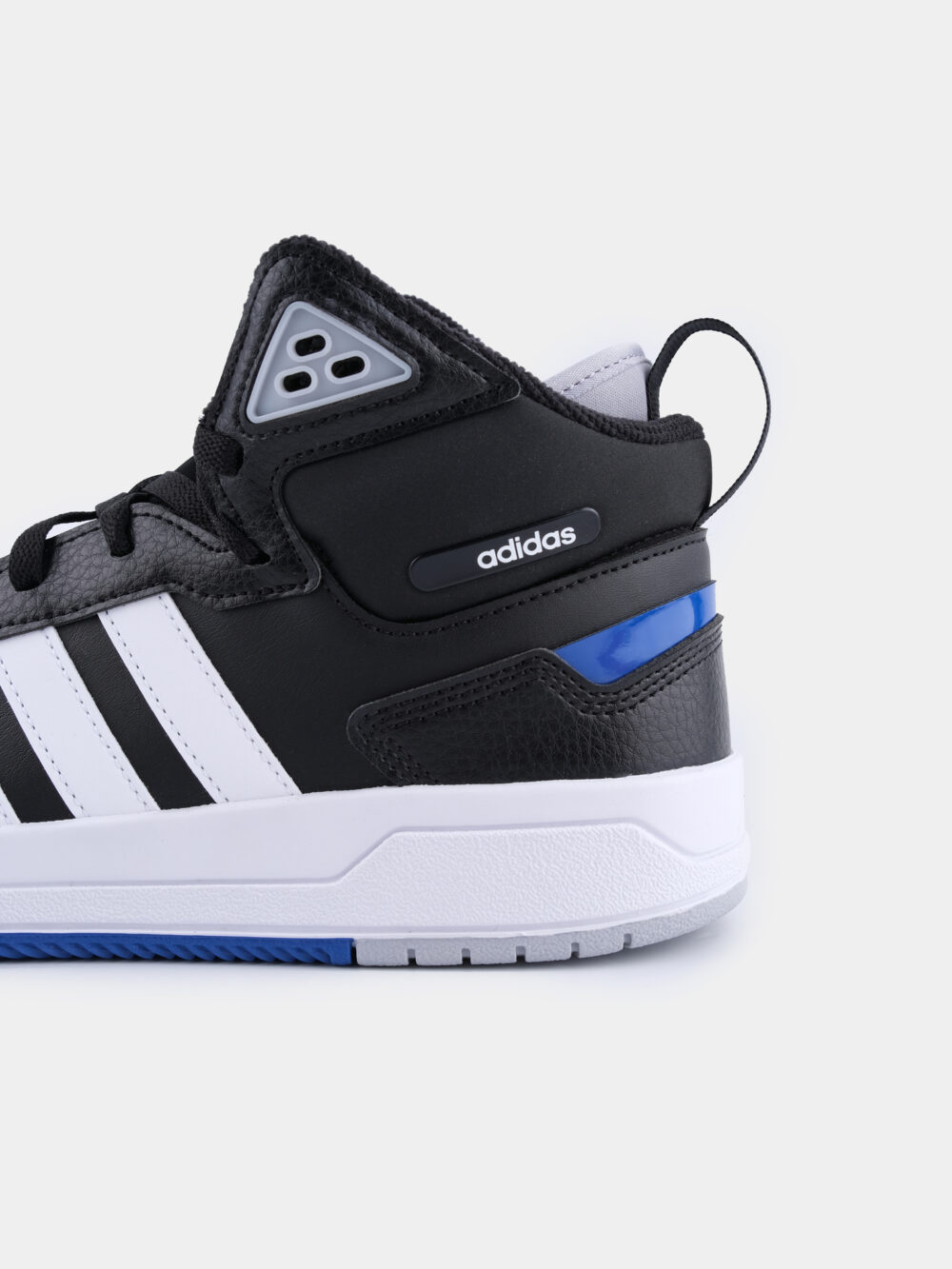 Adidas black and white high-top sneakers with three white stripes, blue accents, and a cushioned sole, perfect for casual streetwear or athletic use.