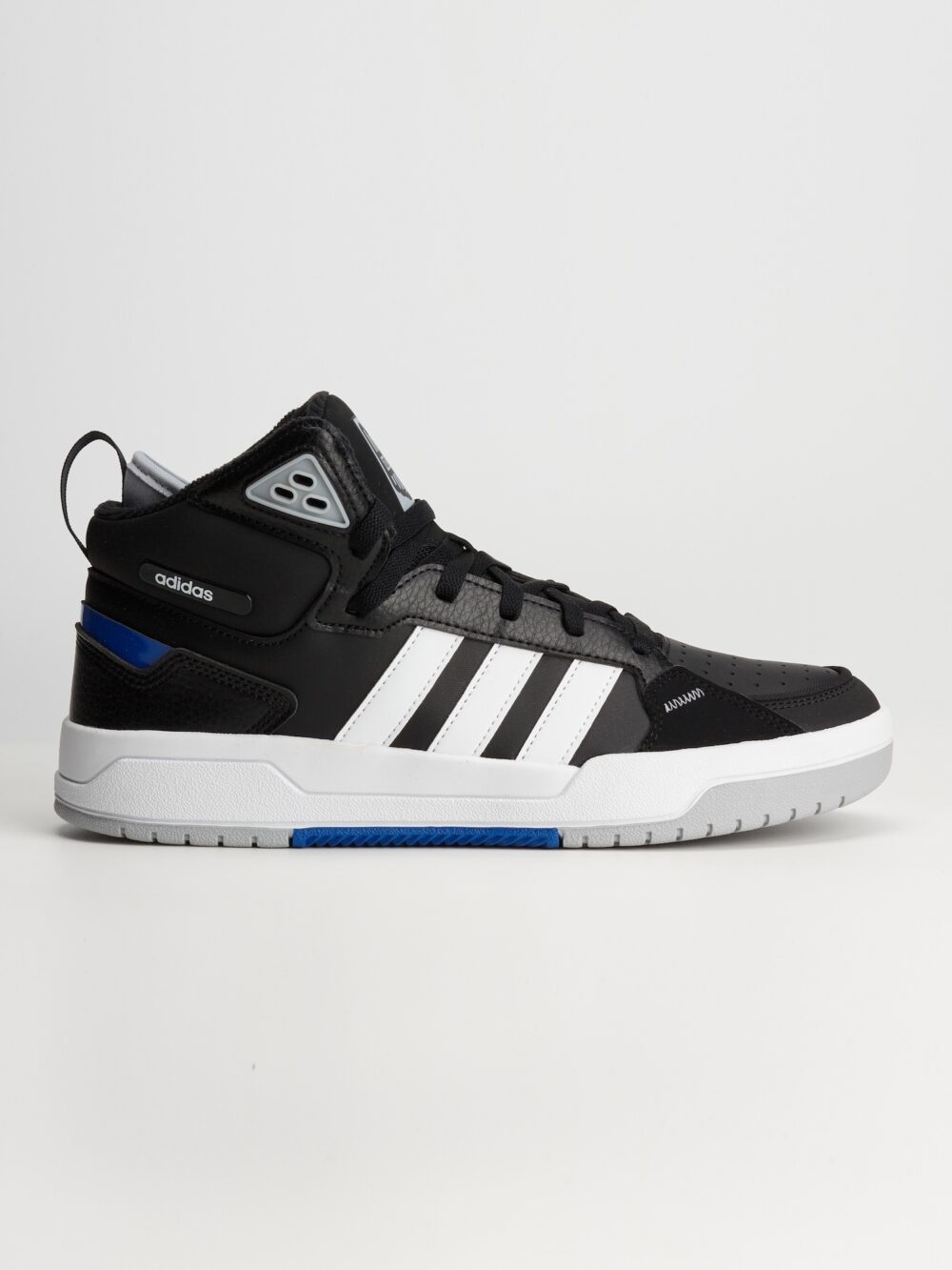 Adidas black and white high-top sneakers with three white stripes, blue accents, and a cushioned sole, perfect for casual streetwear or athletic use.