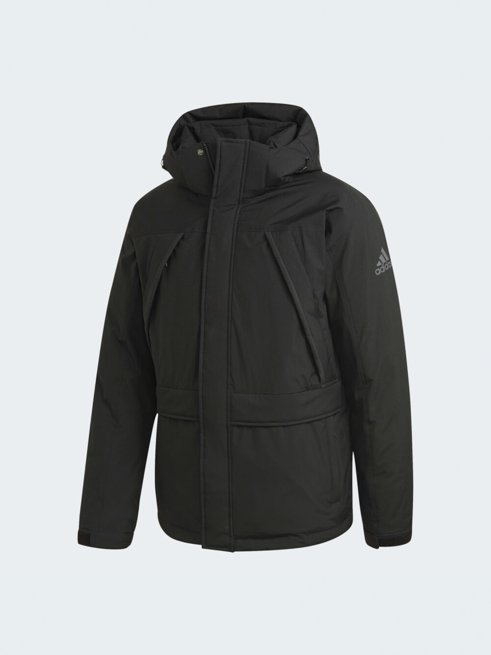 Adidas men's black winter jacket with a hood, featuring insulated design and adjustable straps for a comfortable fit.