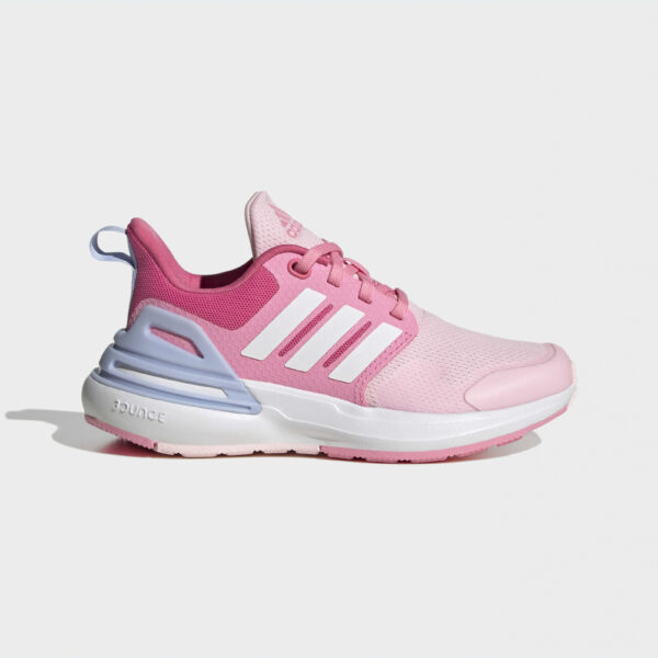 Adidas Women’s Bounce Running Shoes in pink and white, featuring a breathable mesh upper, Bounce cushioning, and a secure lace-up design for active performance.