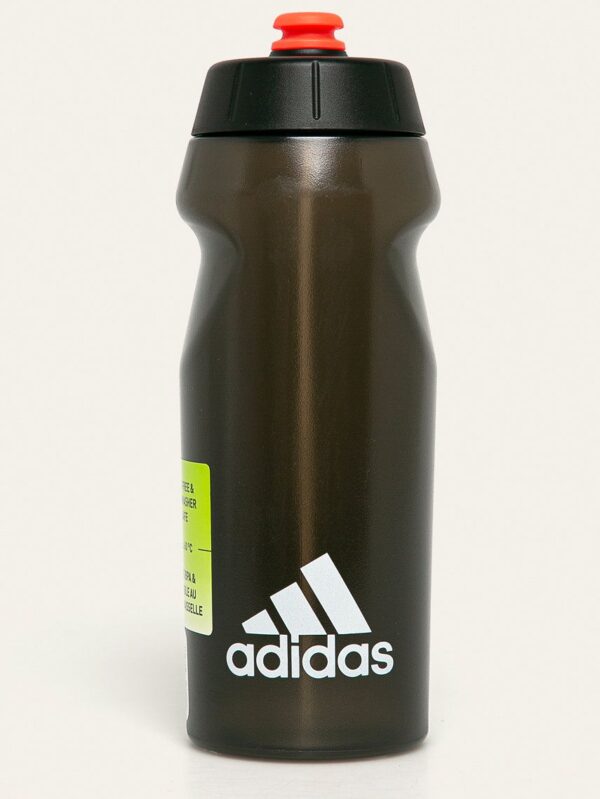 Adidas black sports water bottle with a red pop-up nozzle, featuring the Adidas logo and ergonomic design, ideal for gym or daily hydration.