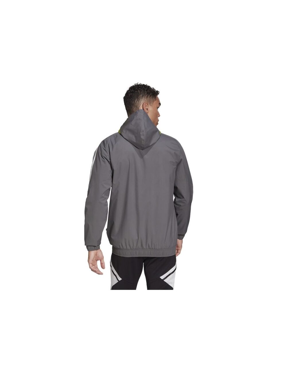 Adidas Condivo 20 Men’s Grey All-Weather Jacket with 3-stripes detailing, adjustable hood, and water-repellent fabric.