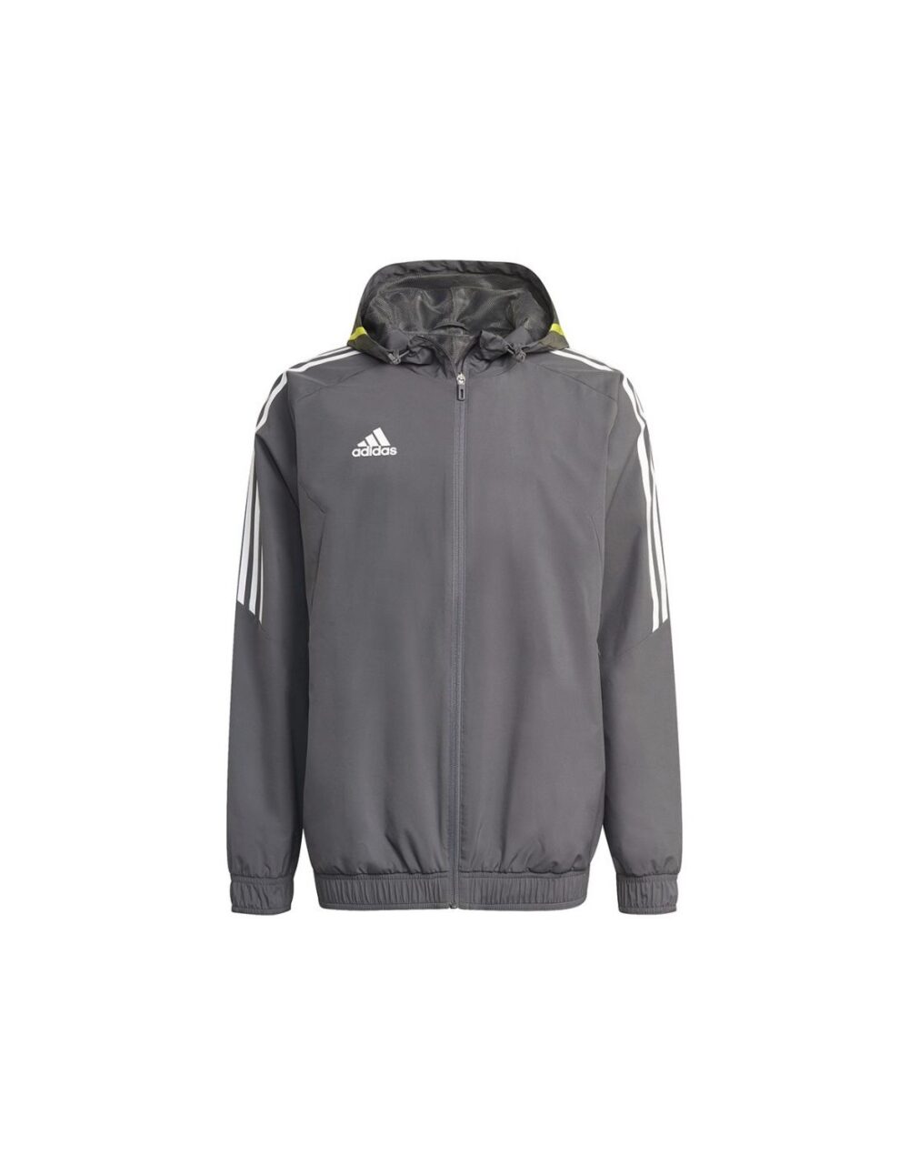 Adidas Condivo 20 Men’s Grey All-Weather Jacket with 3-stripes detailing, adjustable hood, and water-repellent fabric.