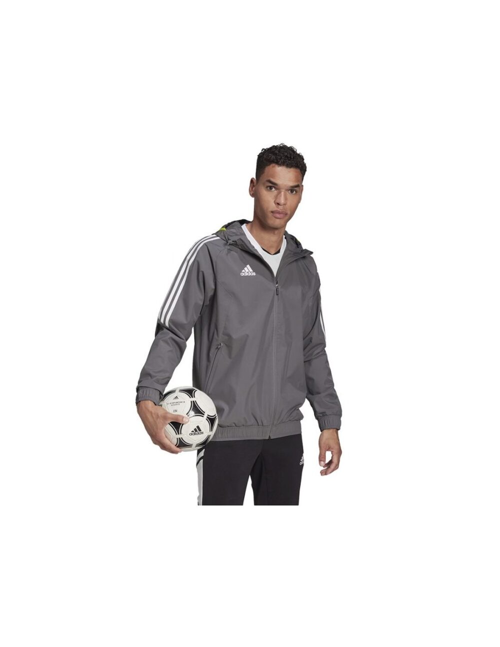 Adidas Condivo 20 Men’s Grey All-Weather Jacket with 3-stripes detailing, adjustable hood, and water-repellent fabric.