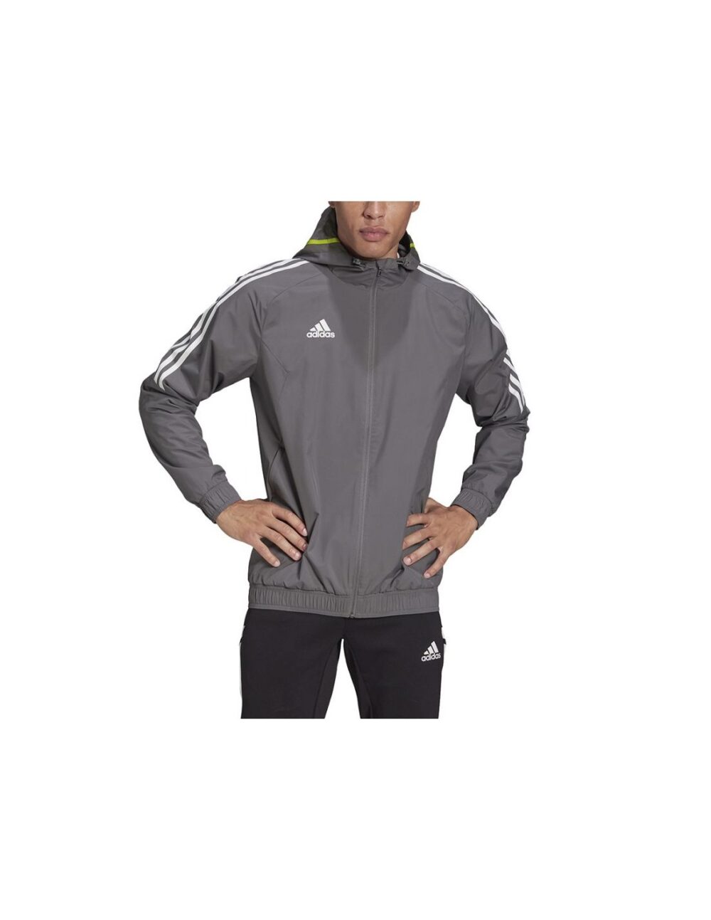 Adidas Condivo 20 Men’s Grey All-Weather Jacket with 3-stripes detailing, adjustable hood, and water-repellent fabric.