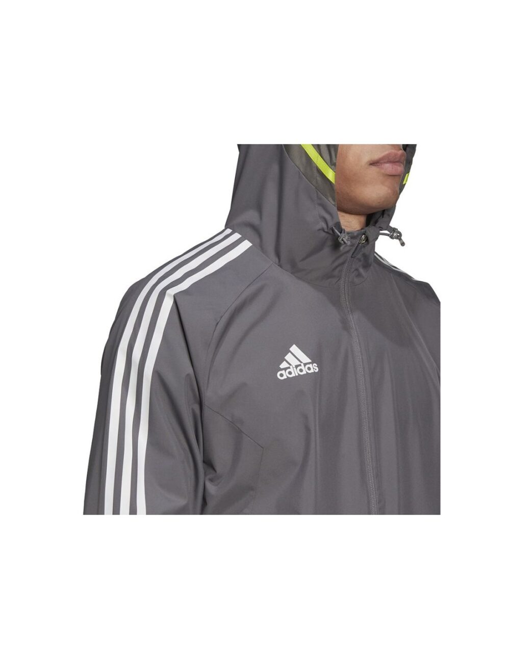 Adidas Condivo 20 Men’s Grey All-Weather Jacket with 3-stripes detailing, adjustable hood, and water-repellent fabric.