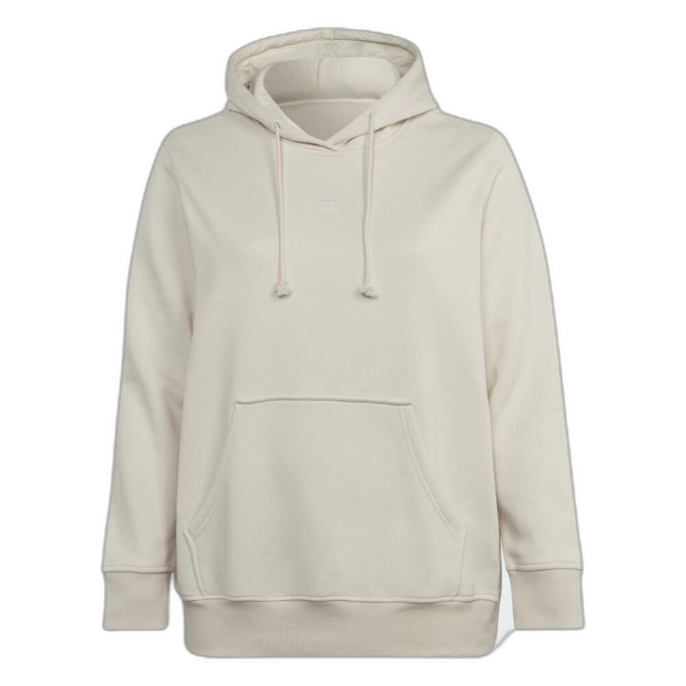 Adidas Originals women's off-white hoodie with drawstring hood, kangaroo pocket, and relaxed fit for casual comfort and style.