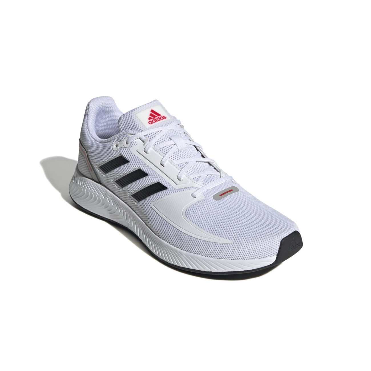 Adidas white running shoes with black stripes, red logo accent, breathable mesh upper, cushioned midsole, and durable outsole for performance and comfort.
