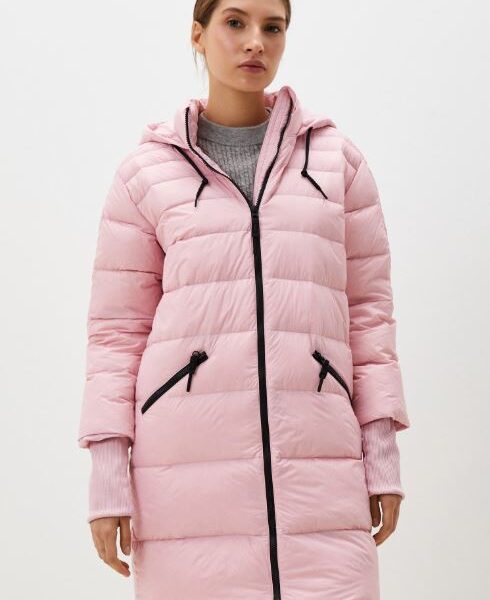 Reebok Women's pink long puffer jacket with black zippered pockets, adjustable hood, and front zipper, designed for warmth and style in winter.