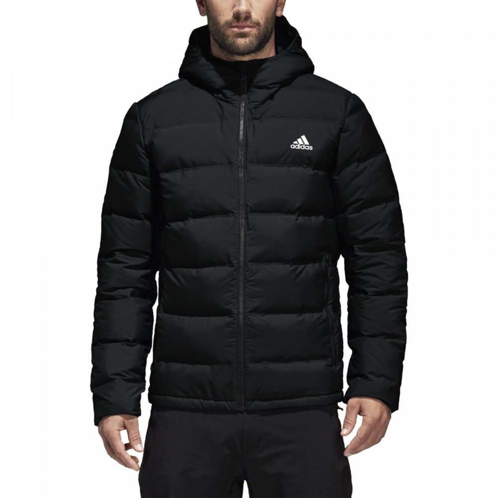 Adidas Men's black insulated puffer jacket with adjustable hood, full-zip closure, and durable design for cold-weather protection.