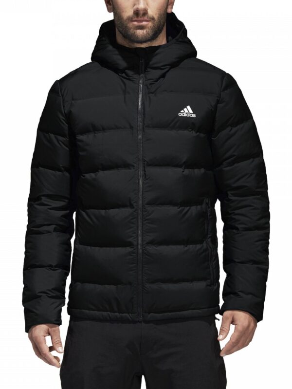 Adidas Men's black insulated puffer jacket with adjustable hood, full-zip closure, and durable design for cold-weather protection.