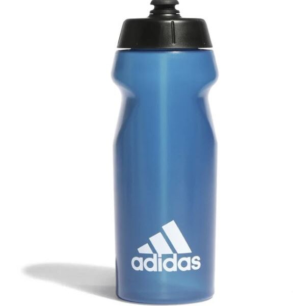 Adidas blue water bottle with a black screw-on cap and bold white Adidas logo, ideal for workouts and daily hydration needs