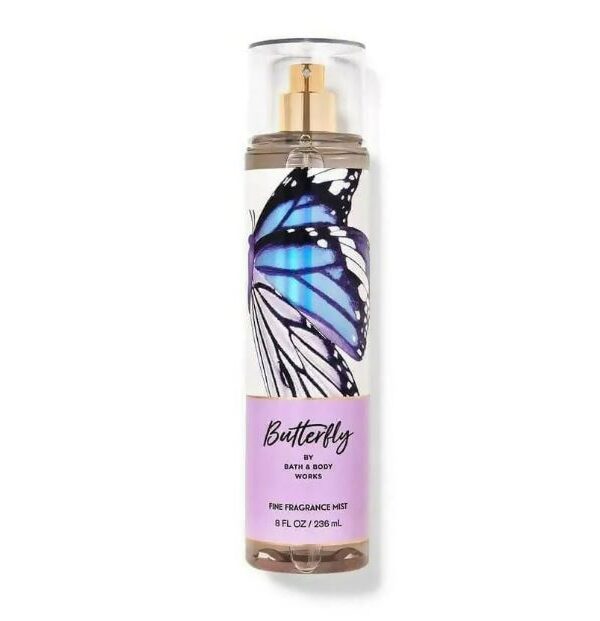 Bath & Body Works Butterfly Fine Fragrance Mist in an 8 fl oz bottle featuring a striking butterfly design and a refreshing raspberry, iris, and vanilla scent.