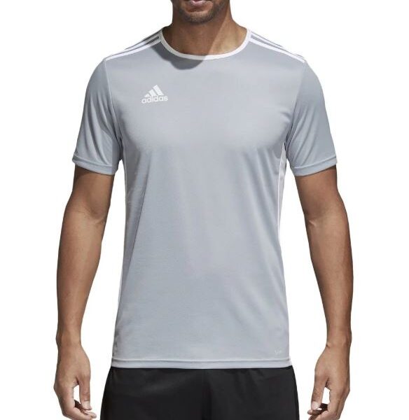 Adidas Men’s Gray Training T-Shirt with 3-stripes on the shoulders and a white logo, made from moisture-wicking fabric for active wear.