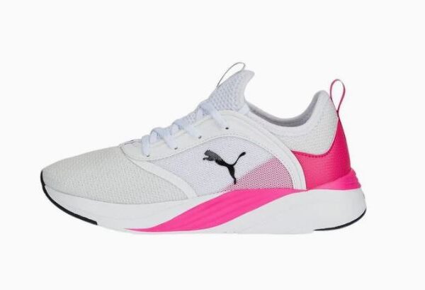 Puma women's running shoes in white with pink accents, designed for comfort and performance with a breathable upper and durable sole.