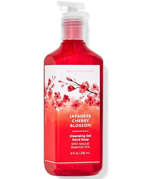 Bath & Body Works Japanese Cherry Blossom Cleansing Gel Hand Soap in an 8 fl oz bottle with a cherry blossom design, enriched with essential oils.