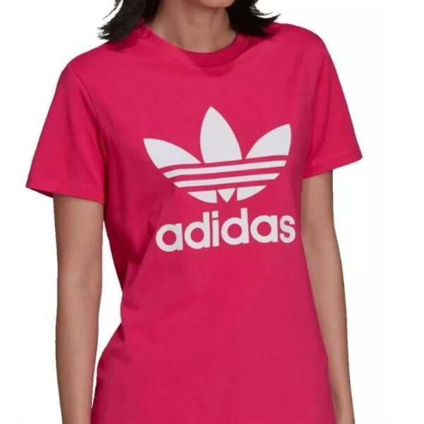 Adidas Women’s Pink T-Shirt with a white Trefoil logo on the chest, made from soft cotton for casual and sporty wear.