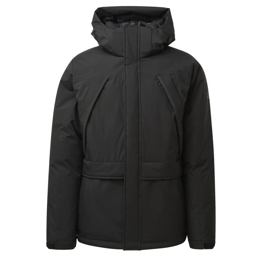 Adidas men's black winter jacket with a hood, featuring insulated design and adjustable straps for a comfortable fit.