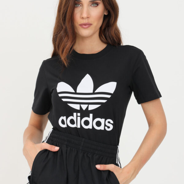 Adidas Women’s Black T-Shirt featuring a bold white Trefoil logo, crafted from breathable cotton for casual and sporty wear.