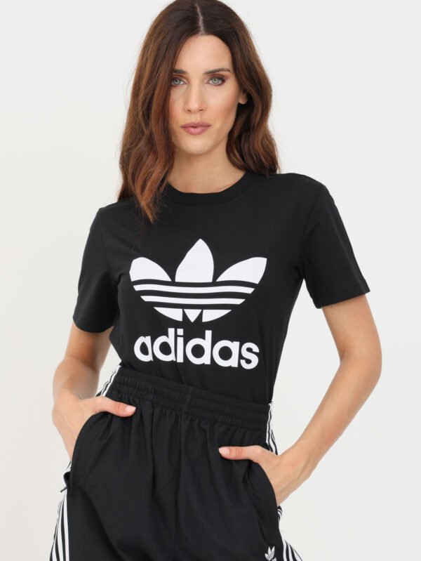 Adidas Women’s Black T-Shirt featuring a bold white Trefoil logo, crafted from breathable cotton for casual and sporty wear.
