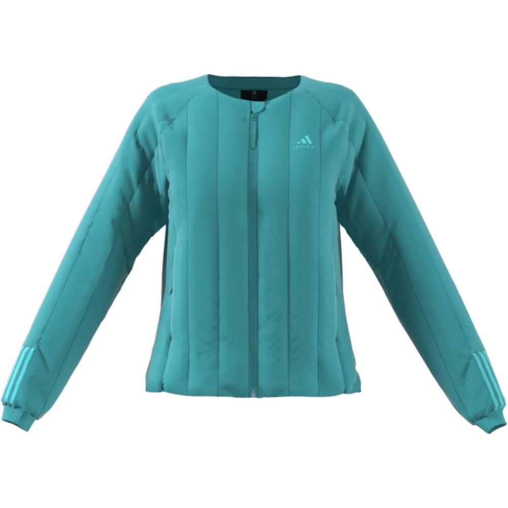 Adidas women's light blue quilted jacket with a zip-up front, sleek pattern, and elasticized cuffs, providing lightweight warmth and casual style.