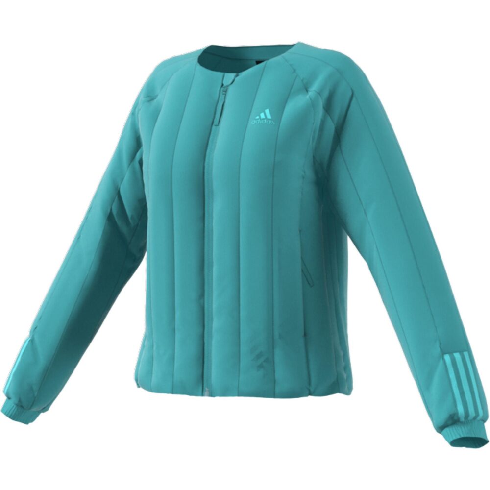 Adidas women's light blue quilted jacket with a zip-up front, sleek pattern, and elasticized cuffs, providing lightweight warmth and casual style.