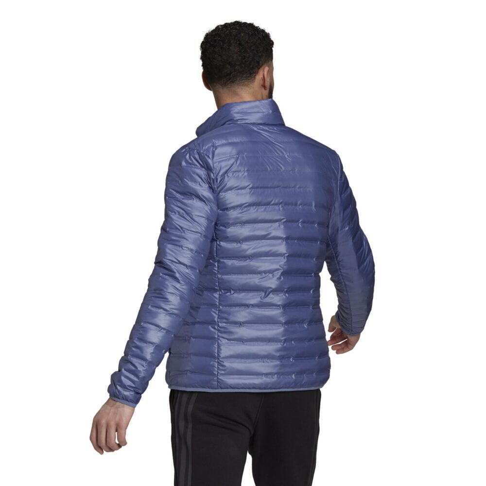 Adidas men's lightweight blue padded jacket featuring a quilted design, zip-up front, and high collar for warmth and modern style.