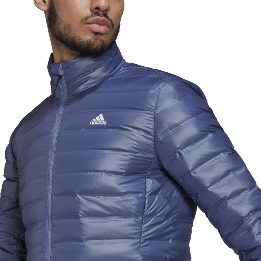 Adidas men's lightweight blue padded jacket featuring a quilted design, zip-up front, and high collar for warmth and modern style.