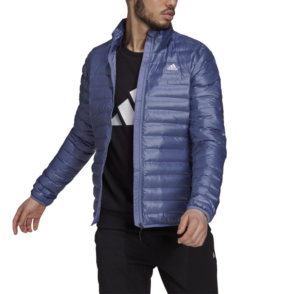 Adidas men's lightweight blue padded jacket featuring a quilted design, zip-up front, and high collar for warmth and modern style.