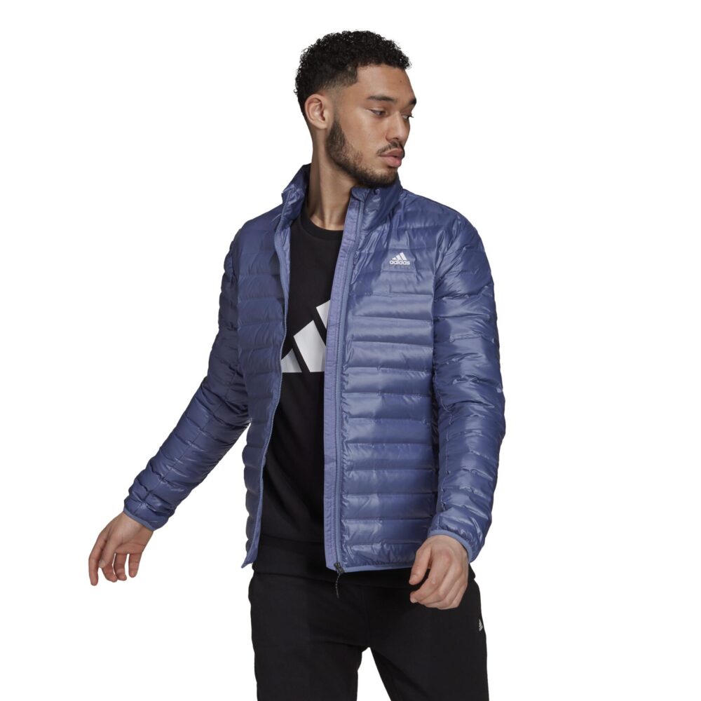 Adidas men's lightweight blue padded jacket featuring a quilted design, zip-up front, and high collar for warmth and modern style.