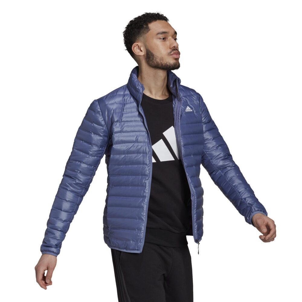 Adidas men's lightweight blue padded jacket featuring a quilted design, zip-up front, and high collar for warmth and modern style.