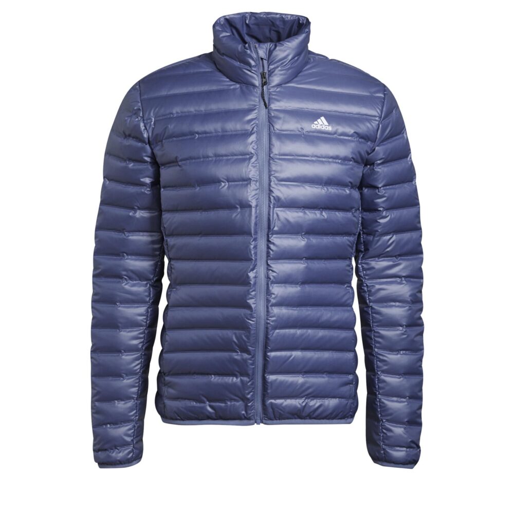 Adidas men's lightweight blue padded jacket featuring a quilted design, zip-up front, and high collar for warmth and modern style.